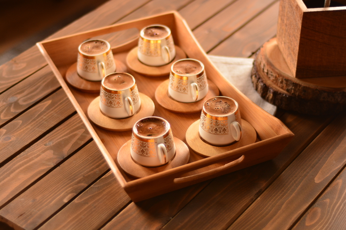 Bamboo Turkish Coffee Cups Set For Six Person With Tray